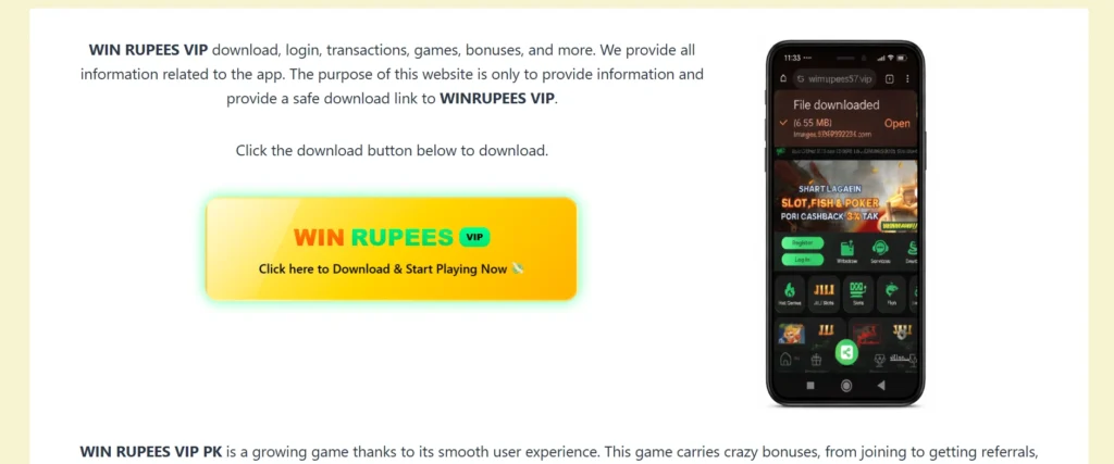 WinRupeesPK home page download button