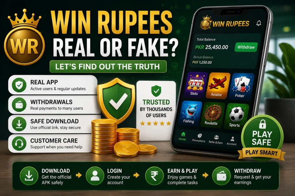 Win Rupees real or fake guide showing Win Rupees app download, Win Rupees login, withdrawal proof, and customer care number information.
