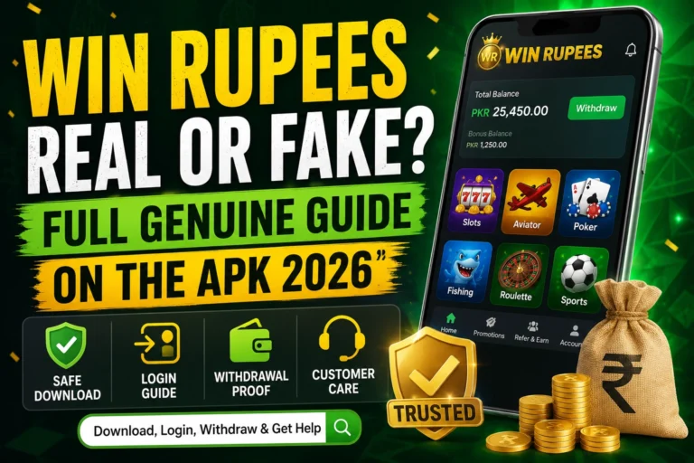 Win Rupees Real or Fake featured image showing a smartphone with the Win Rupees app, safe download, login guide, withdrawal proof, customer care icons, and a trusted badge.