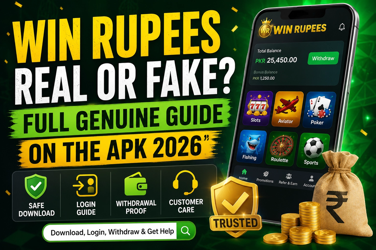 Win Rupees Real or Fake featured image showing a smartphone with the Win Rupees app, safe download, login guide, withdrawal proof, customer care icons, and a trusted badge.